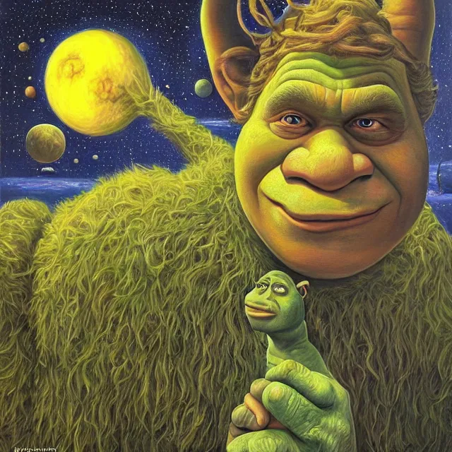 Image similar to an oil on canvas portrait painting of shrek, surrealism, surrealist, cosmic horror, rob gonsalves, high detail