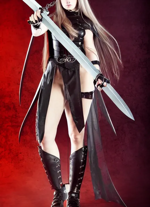 Image similar to full - body portrait, female vampire knight holding a large greatsword, lean and muscular, flying, barefoot, kickboxing foot wraps, exposed toes, black heavy armor, historical armor, metal mask, enchanting, elegant, smiling, ghostblade, wlop, modern fantasy, realistic proportions.