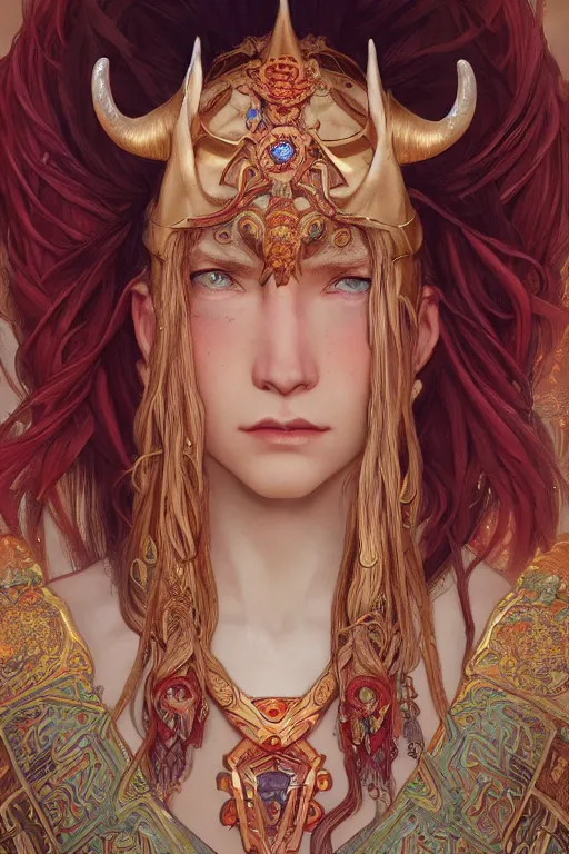 Prompt: 3 / 4 portrait, beautiful, horned man, in opal armor, fantasy, red intricate long braids, ornate jewelry, by greg rutkowski, alphonse mucha, super detailed, 8 k, unreal engine 5, cinematic
