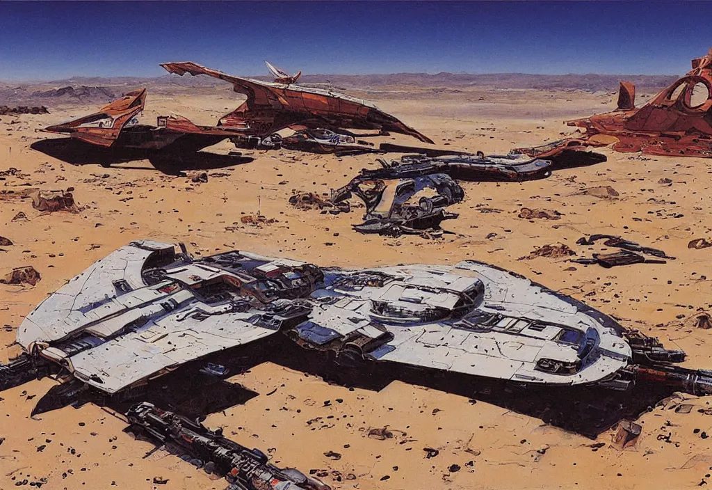 Prompt: remains of a spaceship in a desert by robert mccall