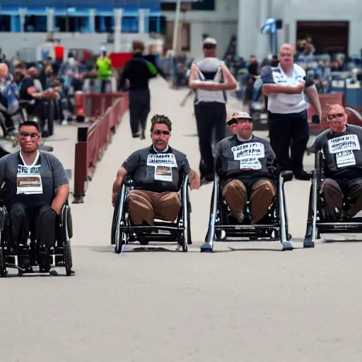 Image similar to men in khaki on wheelchairs with turbo engines compete on a race track