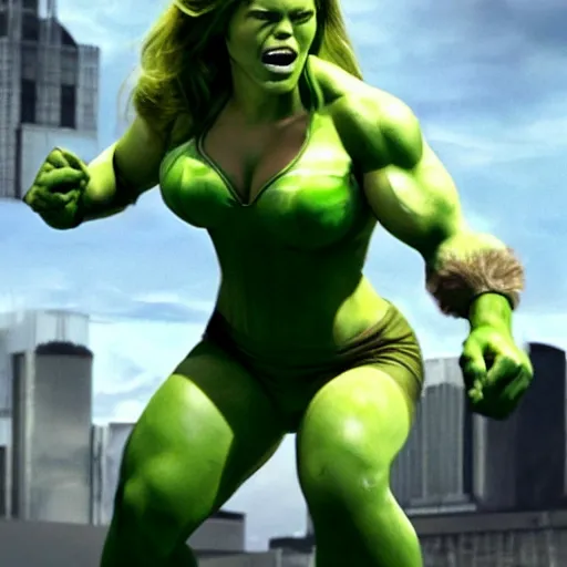 Image similar to scarlett johansson as green skinned hulk, she - hulk, green skin, muscular, bodybuilding woman, wheyfu, movie still