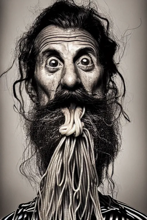 Prompt: extremely detailed portrait of old italian cook, spaghetti mustache, slurping spaghetti, spaghetti in the nostrils, spaghetti hair, spaghetti beard, huge surprised eyes, shocked expression, scarf made from spaghetti, full frame, award winning photo by david lachapelle