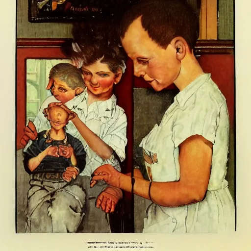 Prompt: A proud mother cutting her son's hair artwork by Norman Rockwell