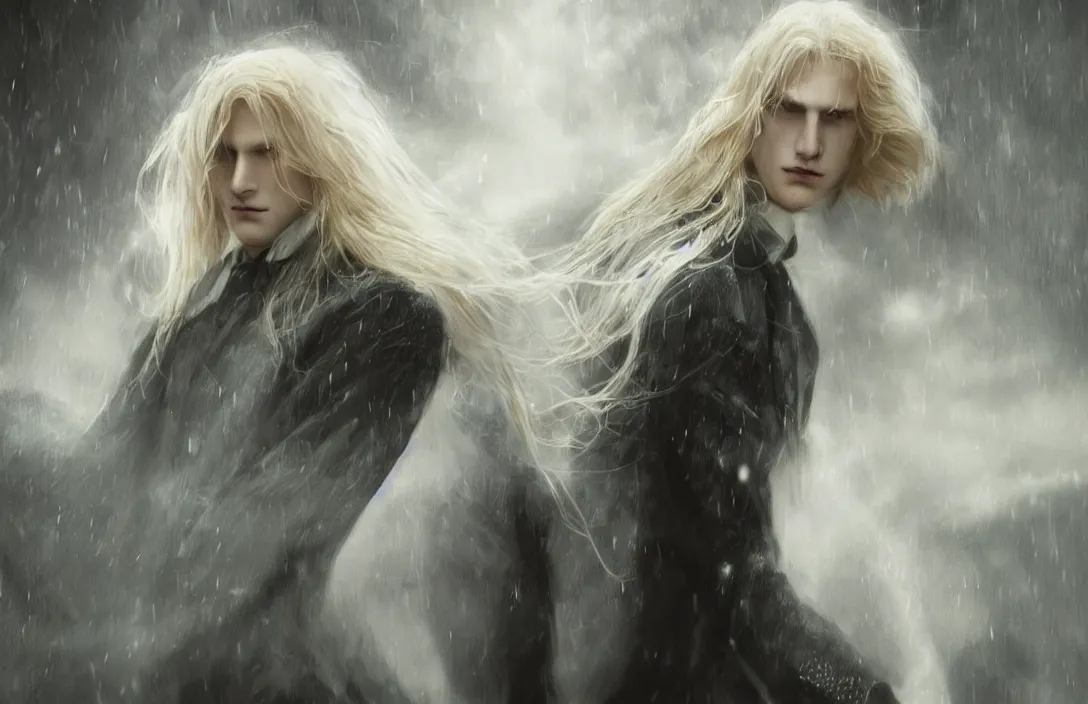 Image similar to a realistic detail portrait of a beautiful johan liebert alucard in middle earth, long blond hair, very very very light pale white skin, beautiful long blond hair, raining, mist, magic, dragon, goth by Julian calle, wlop, greg rutkowski, Finnian MacManus, Trending on artstation, black and yellow scheme, 8k, RE Engine