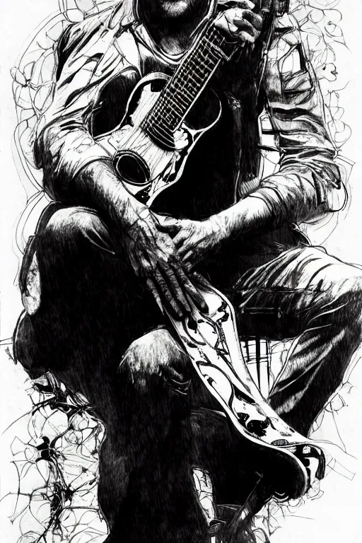 Image similar to full body portrait of dave matthews with an acoustic guitar, concept art, sumi - e style, intricate linework, artstation, trending, highly detailed, smooth, focus, art by yoji shinkawa and glenn fabry,