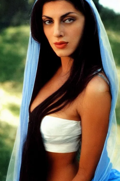 Prompt: young Monica Belluci as an Arab woman, tanned skintone, bright blue eyes, white veil, serious face, light blue dress portrait