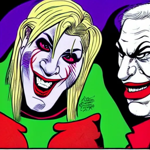 Prompt: portrait of Benjamin Netanyahu as the Joker and Sara Netanyahu as Harley Quinn, Neal Adams style ,Brian Bolland style