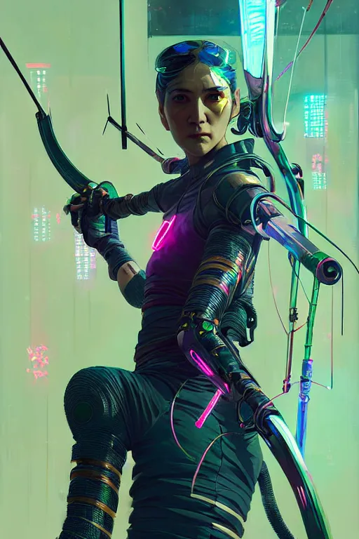 Image similar to female archer, cyberpunk futuristic neon. fencing, long sword in her hand, decorated with traditional japanese ornaments by ismail inceoglu dragan bibin hans thoma greg rutkowski alexandros pyromallis nekro rene maritte illustrated, perfect face, fine details, realistic shaded, fine - face, pretty face, masterpiece