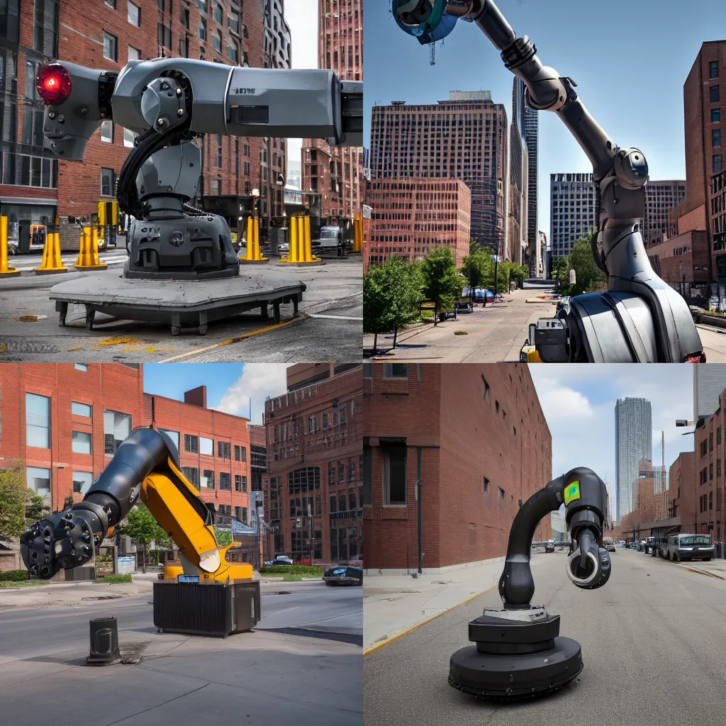 Prompt: industrial robot arm rampaging through the streets of detroit, 4K photo