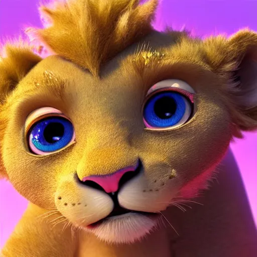 Image similar to a cute baby lion, big eyes, soft fur texture, pastel colours, colorful, glitter crystals, cute, pixar animation style, detailed, soft light, octane render, 4 kb - w 6 4 0