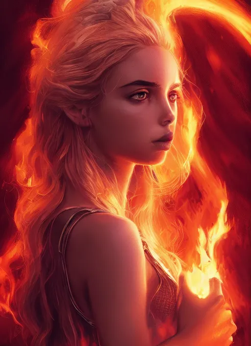 Image similar to evil pretty blond girl dragon surrounded by fire tornadoes, flawless symmetrical pretty cute face, ana de armas, hetrochromia, greg rutkowski, 8 k, shallow depth of field, intricate detail, concept art,