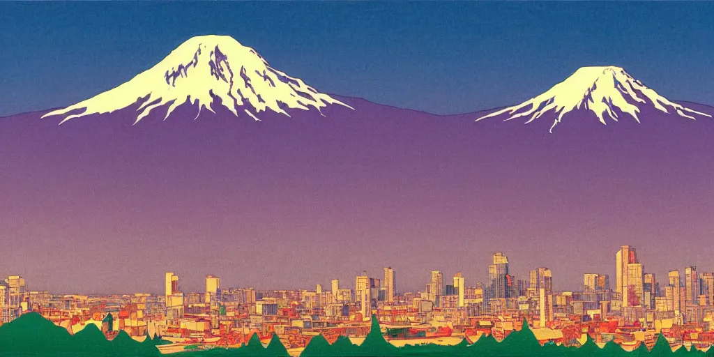 Image similar to skyline of a large metropolis, mount rainier looming in the background, acid and dreaming psychedelic hallucinations, by kawase hasui, moebius and edward hopper, hd, 8 k, artstation, sharp focus, smooth, masterpiece