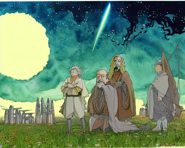 Image similar to a hyperrealist studio ghibli watercolor fantasy concept art of a giant long haired medieval monk with his heads down in lotus position in stonehenge with a starry sky in the background. a giant rocket ship from independence day ( 1 9 9 6 ) is floating in the air. by rebecca guay, michael kaluta, charles vess