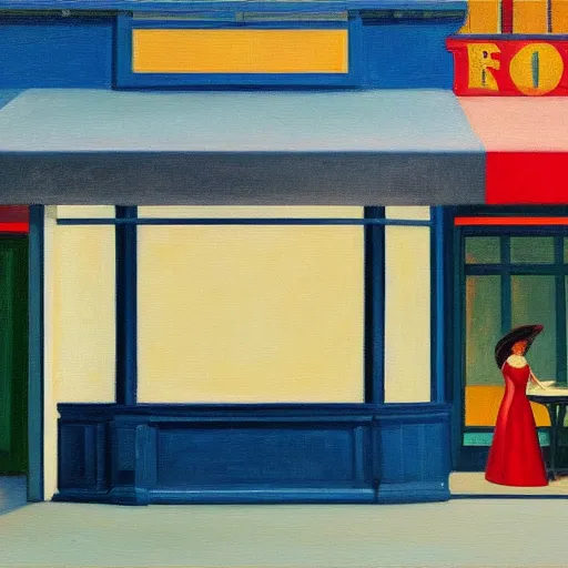 Image similar to a painting of a woman in front of a restaurant at night, in the style of Edward Hopper and Sandro Botticelli, 4k,