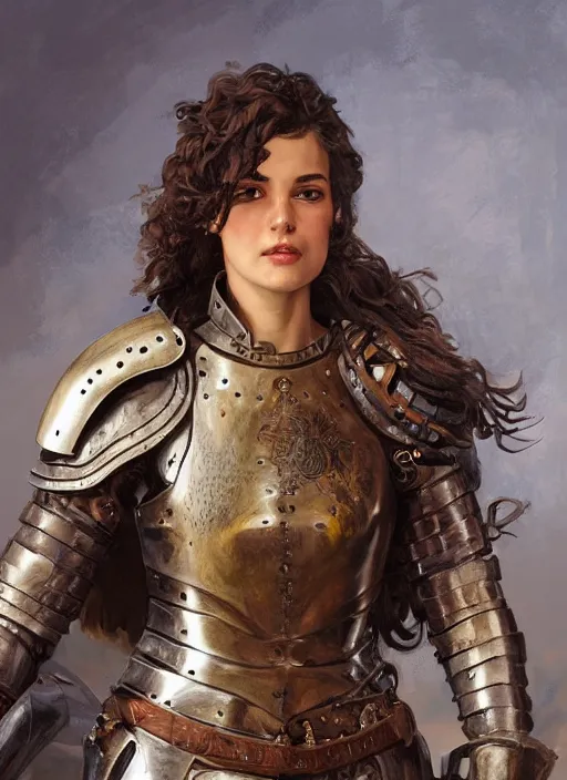 Image similar to medium-length portrait of a female knight with short curly hair and brown eyes, dark brown skin, happy expression, wears a combination of plate armor and boiled leather, medieval setting, highly detailed, digital painting, artstation, concept art, sharp focus, illustration, art by greg rutkowski and alphonse mucha