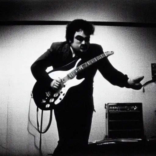 Prompt: john belushi as joliet jake blues playing electric guitar in a darkened nightclub, 3 5 mm film still from 1 9 8 1, grainy.