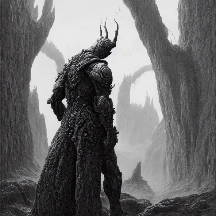 Prompt: a vertical portrait of a character in a scenic environment by wayne barlowe, black and white, dreamy, armor, highly detailed, 3 d render, vray, octane, realistic lighting