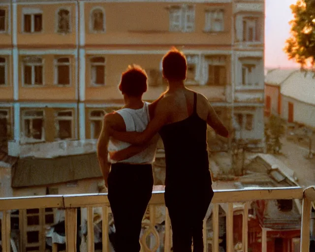 Image similar to lomo photo of pair standing on small hrushevka balcony full with cigarette smoke in small russian town looking at sunset, cinestill, bokeh