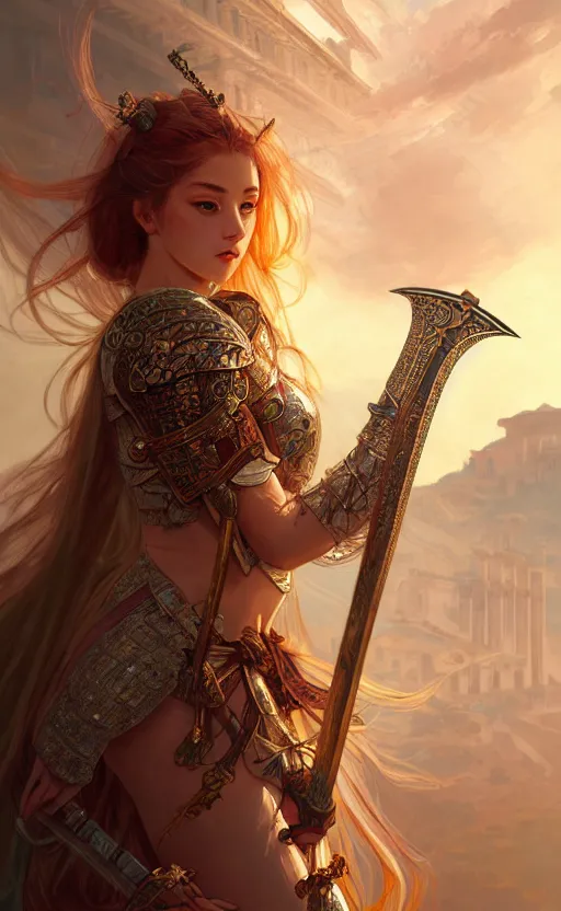 Prompt: portrait sword knights of zodiac girl, golden and copper shining armor, bushido, in ruined agora of athens sunrise, ssci - fi and fantasy, intricate and very very beautiful and elegant, highly detailed, digital painting, artstation, concept art, smooth and sharp focus, illustration, art by tian zi and wlop and alphonse mucha