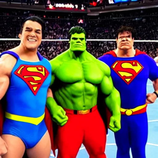 Image similar to supermen and hulk at WWE