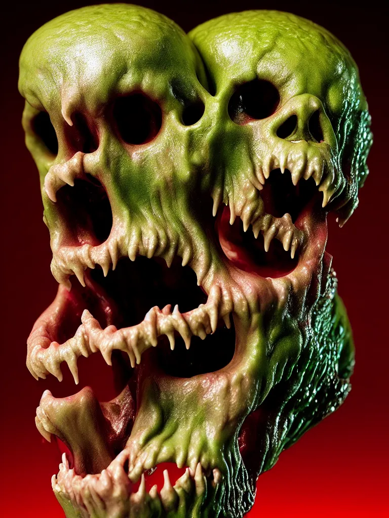 Prompt: hyperrealistic subsurface scattering rendering, fat smooth wet cronenberg flesh monster smooth skull and ribcages kaiju by art of skinner and richard corben and jeff easley, product photography, action figure, sofubi, studio lighting, colored gels