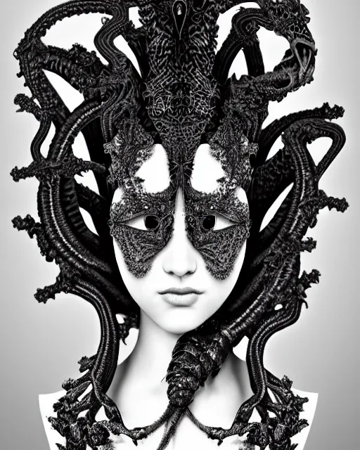 Prompt: dark background, a black and white high quality dreamy photo of a young beautiful female queen-dragon-vegetal-orchid-mineral-cyborg bust with a very long neck and delicate Mandelbrot fractal face, elegant, highly detailed, flesh highly baroque ornate, hair are curled wired cables, elegant, poetic, soft, dreamy, mysterious, high fashion, rim light, in the style of Ellen von Unwerth, Realistic, Refined, Digital Art, Highly Detailed, Cinematic Lighting, rim light, black and white, photo-realistic, 8K