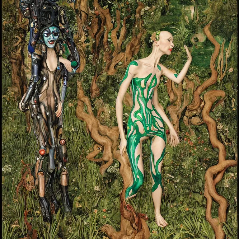 Image similar to a grinning dryad lady wearing a catsuit, who looks like a cybernetic alien stands pround in the middle of a river valley. around her are tropical birds and orchids and she is wearing an iris van herpen dress. painted by jan van eyck, egon schiele and max ernst, trending on artstation, 8 k, award winning, high octane