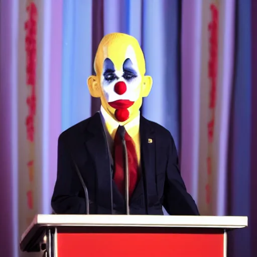 Prompt: marionette of a president with clown makeup in a podium and a human shadow behind