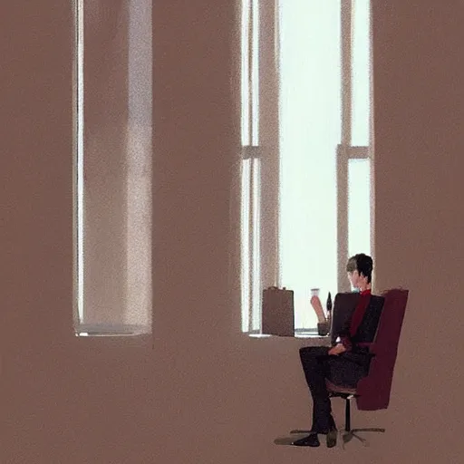 Image similar to concept art by greg rutkowski, very tall and thin young man, dressed in a lawyer's suit, standing drinking a coffee looking out a window in a minimalist, hi - tech, brutalist office, reddish exterior lighting, scifi, highly detailed portrait, digital painting, artstation, concept art, smooth, sharp foccus ilustration, artstation hq