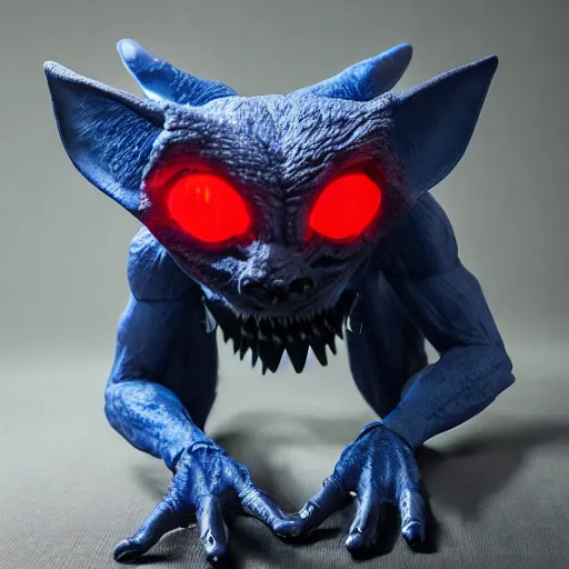 Image similar to detailed full body of scary giant mutant dark blue humanoid pygmy-bat, glowing red eyes, sharp teeth, acid leaking from mouth, realistic, giant, bat ears, bat nose, furred, covered in soft fur, detailed, 85mm f/1.4