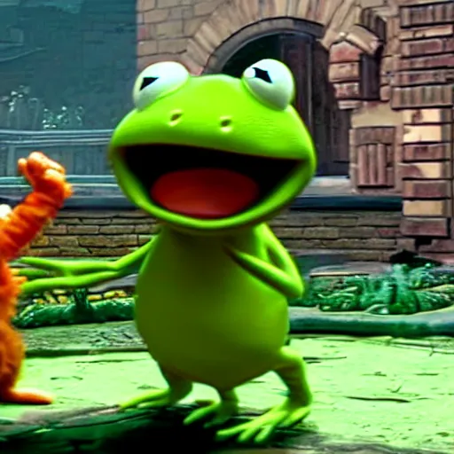 Prompt: garfield fights kermit in mortal kombat 2 0 7 7