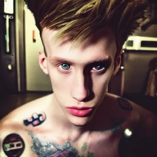 Image similar to “a realistic detailed photo of a guy who is an attractive humanoid who is half robot and half humanoid, who is a male android, rapper Machine Gun Kelly, shiny skin, posing like a statue, blank stare”