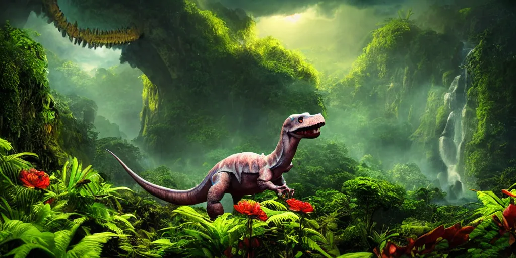 Image similar to a ghost dinosaur in a prehistoric jungle, lush flora, waterfall, mountains, dark towering clouds, flowers, vines, sunset, volumetric lighting, rtx on, washed out colors, an award winning digital render, beautiful, ultradetailed, great composition