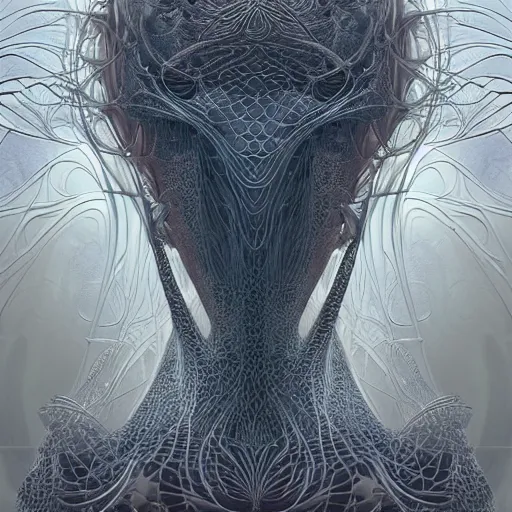 Prompt: dmt elf psychic entity by alexander mcqueen, zdzisław beksinski and alphonse mucha. highly detailed, hyper - real, very beautiful, intricate fractal details, very complex, opulent, epic, mysterious, trending on deviantart and artstation, polished and minimalist redesign by zaha hadid and iris van herpen