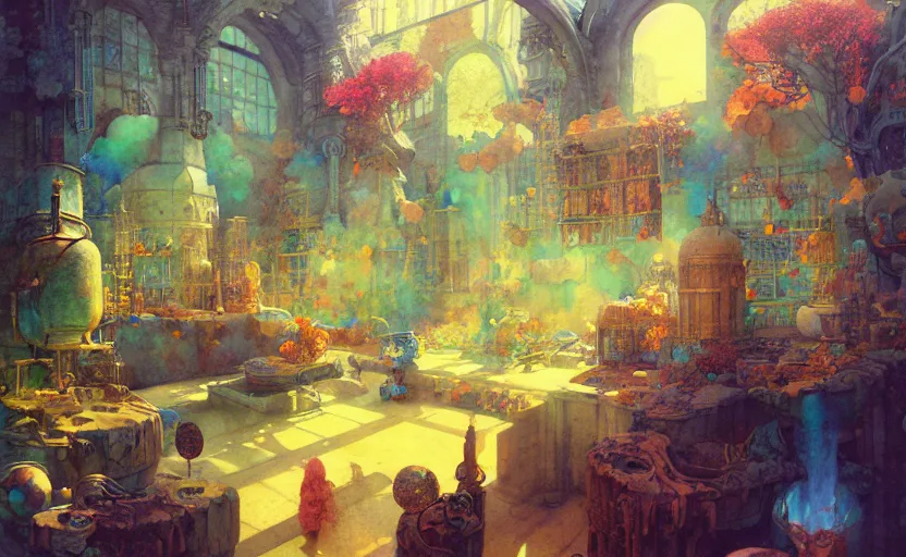 Image similar to alchemy laboratory, fantasy. intricate, amazing composition, colorful watercolor, by ruan jia, by maxfield parrish, by marc simonetti, by hikari shimoda, by robert hubert, by zhang kechun, illustration, gloomy