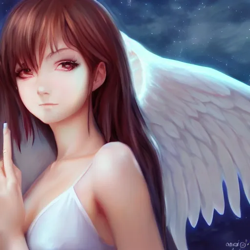 Image similar to an oil painting of a beautiful anime girl with angel wings, by artgerm, hd, hdr, ue 5, ue 6, unreal engine 5, cinematic 4 k wallpaper, 8 k, ultra detailed, high resolution, artstation, award winning