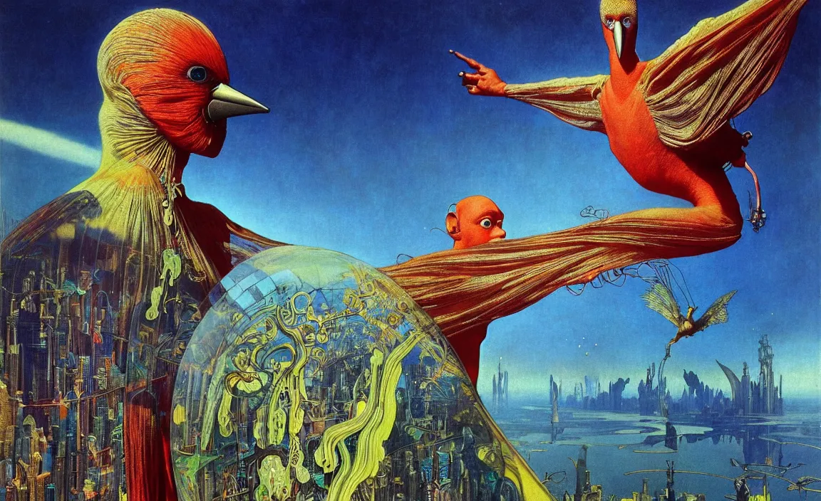 Image similar to realistic detailed portrait movie shot of a birdman wearing reflective transparent robes, sci fi city landscape background by denis villeneuve, amano, yves tanguy, alphonse mucha, ernst haeckel, max ernst, roger dean, masterpiece, rich moody colours, blue eyes