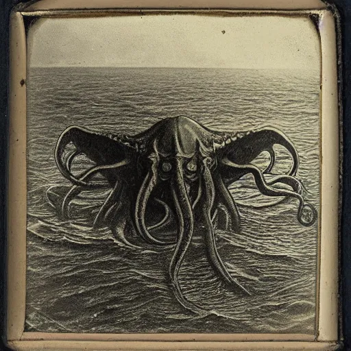 Prompt: a daguerreotype of cthulhu rising from the ocean