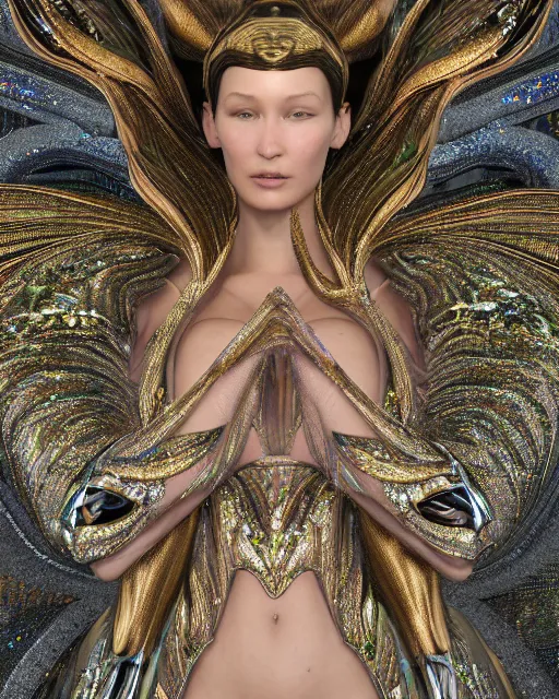 Prompt: a highly detailed metahuman 4 k close up render of an alien goddess bella hadid monument tool music videos in iris van herpen dress schiaparelli in diamonds crystals swarovski and jewelry iridescent in style of alphonse mucha gustav klimt trending on artstation made in unreal engine 4