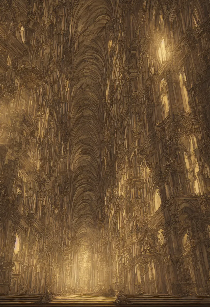 Prompt: nave of gigantic baroque cathdral, sunrays, artstation