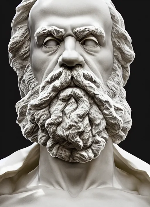 Image similar to a statue made of white marble with gold veins, of karl marx, transhumanism, full body shot, perfect symmetrical body, perfect symmetrical face, hyper realistic, hyper detailed, by johannen voss, by peter kemp, by monia merlo, by michelangelo, by ernst haeckel, by alex grey, octane render, blender, 8 k
