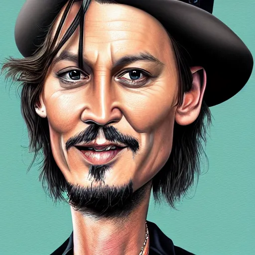 Image similar to a finely detailed funny caricature illustration of johnny depp, artstation, 4k