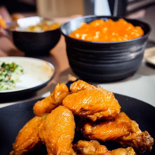 Image similar to a photograph of a fat orange cat eating fried wings, cooked to perfection, chefs table, netflix, gourmet, three michelin star, food photography