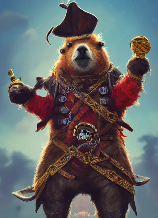 Image similar to detailed full body concept art illustration matte painting of a cute anthropomorphic capybara as a pirate in full intricate colorful clothing, ultra detailed, digital art, octane render, 8K, dystopian, biomutant, micro details