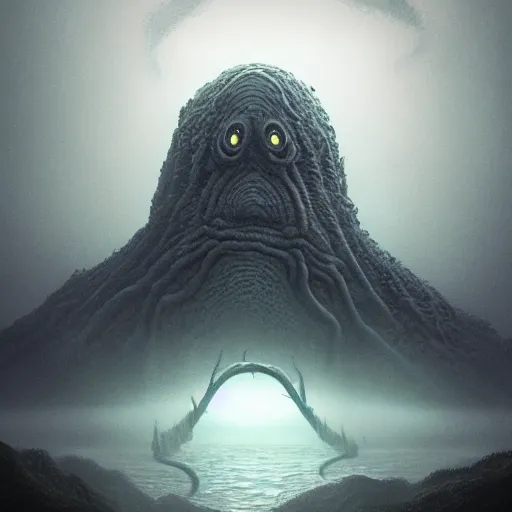 Image similar to A Lovecraftian scary giant creature in a foggy landscape from Studio Ghibli and HP Lovecraft, extreme long shot, full body, 4k, highly detailed. award winning sci-fi, concept art, smooth, sharp focus, illustration, ultra wide lens, artstation