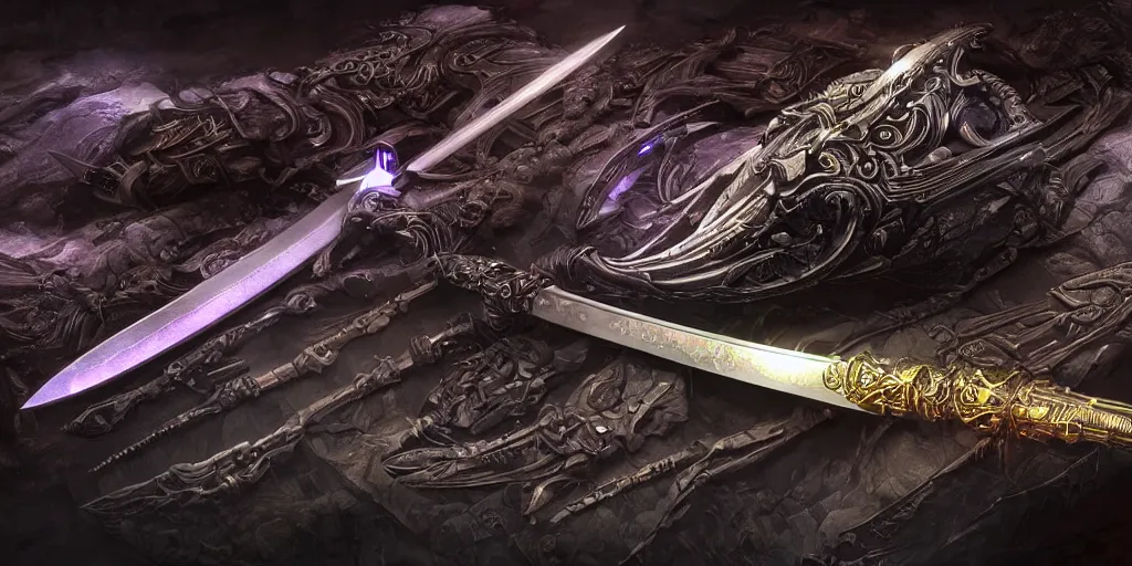 Image similar to legendary cybernetic sword lying flat on a glowing table with a long sharp black and iridescent sword blade, digital award winning hd matte painting, intimate dark moody, intricate, ornate spikes, colorful hilt, detailed realistic, raytraced blade, colored gems, future golden technological pommel, in the style of greg rutkowski and krenz cushart, deviantart