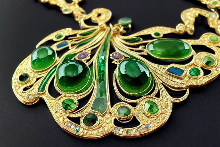 Image similar to highly detailed oil painting, very realistic gemstones, top view, symetrical, art nouveau, ornate, delicate, brilliant green gemstone necklace, dramatic light,
