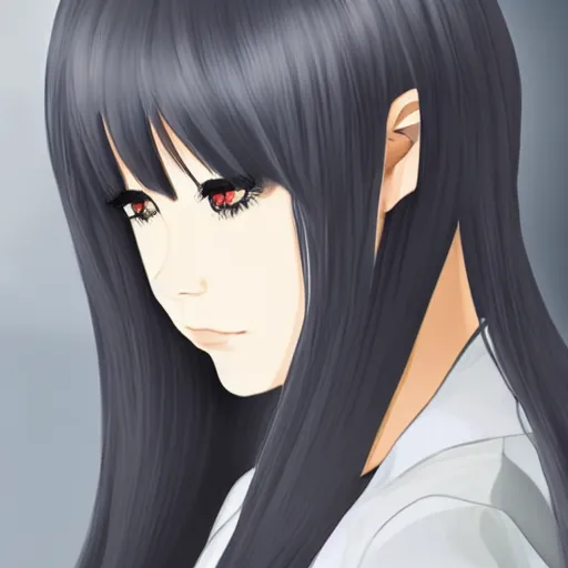 Image similar to young woman with long wavy ashen silver hair, with blackness instead of eyes, anime