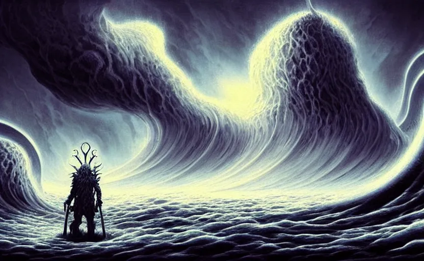 Image similar to beautiful digital fantasy illustration of a demon holding a staff!!, hellish background, a giant wave in the sky, apocalypse art!!!!, apocalypse landscape!!!!!, lovecraftian!!, cosmic horror!!!, concept art by Jarosław Jaśnikowski, a detailed matte painting by Dan Luvisi, cgsociety, fantasy art, highly detailed, soft lighting, rendered in octane, masterpiece, very very very aesthetic